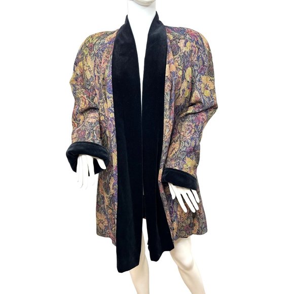 Swing Tapestry Floral Black Velvet Trim Coat Jacket S Women’s Above Knee Vtg